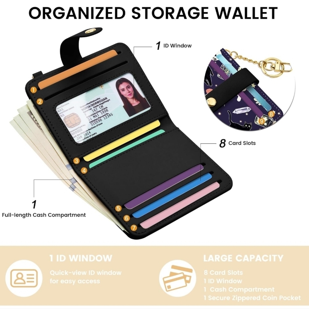 Black Cat Pattern Wallet with Gold Chain - Picture 4 of 7